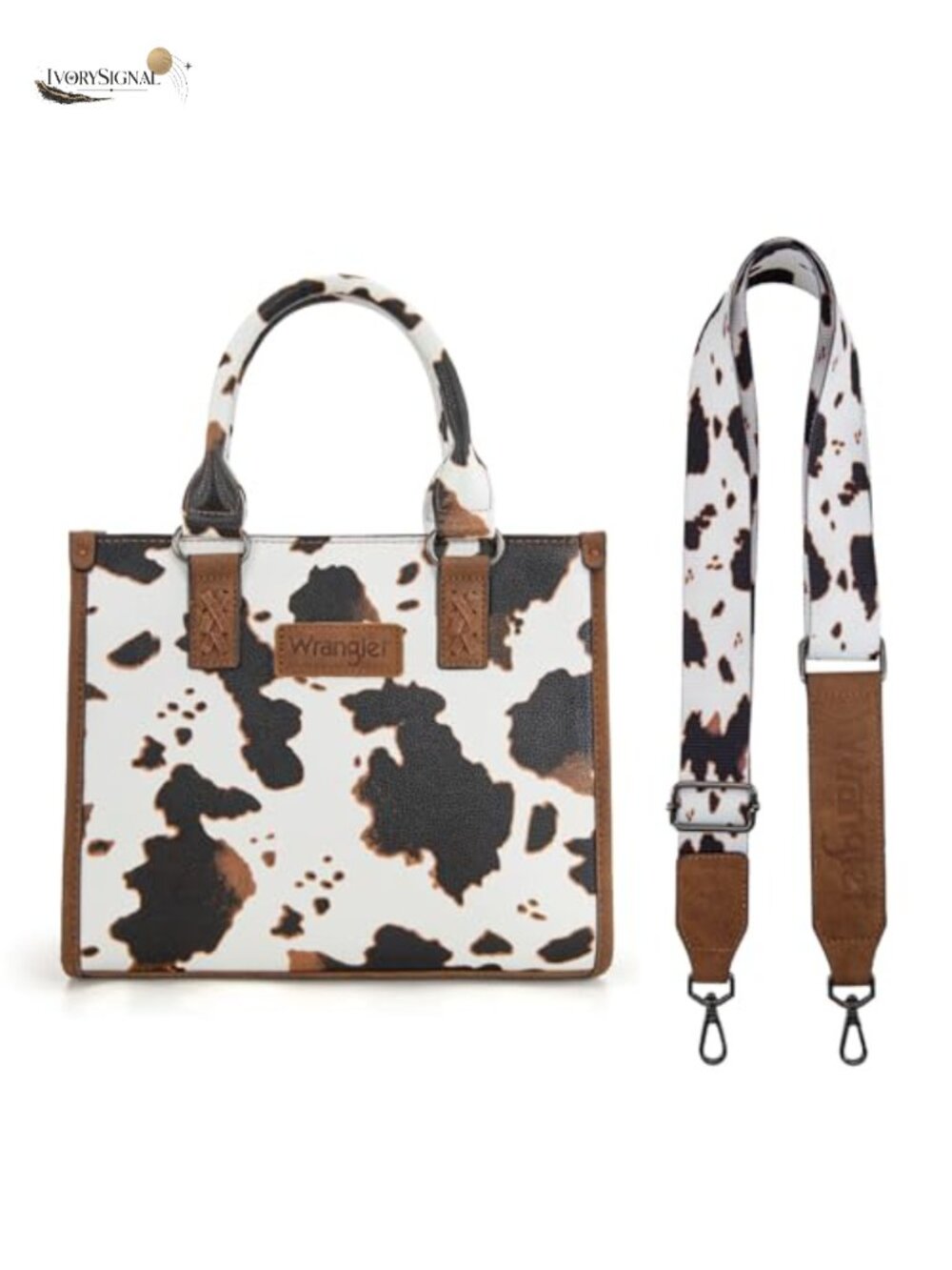 Faux Leather Wrangler Tote Bag with Aztec Cow Print, Top Handle, 3 Pockets
